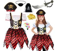 Pirate Costume Set for Kids - 19/25PCS Boys/Girls With Top, Pants, Red Bandana, Eye Patch, Map, Gem, Gold Coin, Wallet, Compass, Hat, Accessories for Halloween (Girls, 140)