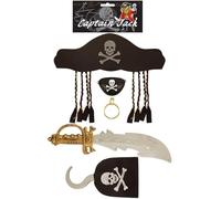 Pirate Fancy Dress Accessories 5pc Set - Pirate Hat with attached dreadlocks, hook, eyepatch, hoop earring and sword for Kids & Adults Halloween Costume, Cosplay, Fancy Dress Party Outfit Accessory