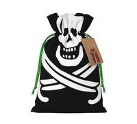 (Pirate Flag) Printed Christmas S Size Gift Bags with Green Ribbon Drawstring Candy Bags for Kids Xmas Holiday Christmas Eve Presents