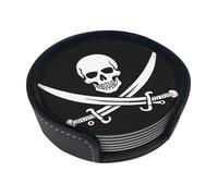 Pirate Flag Round Leather Coasters (6 Pieces) - Drink Coaster Set For Desk, Modern Easy To Clean Home Office & Farmhouse Coasters