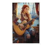Pirate Girl with Guitar Ocean View 1000 Piece Adults Wooden Jigsaw Puzzle,Red Hair Vintage Attire & Sailing Ships,Let Your Imagination Run Wild,Ideal for Relaxation and Family Fun