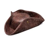Pirate Hat Costume, Halloween Distressed Leather/Woolen Colonial Style Tricorn Hat Pirate Cap Fancy Dress Colonial Medieval Accessory Brown Black for Men Women (Brown)