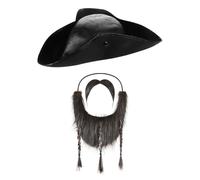 Pirate Hat with Beard Fake Tricorn Hat Moustache Braids Halloween Costume