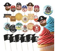 Pirate & High Seas Cupcake Toppers Set - 24pc - Birthday Party Cupcake & Cake Decorations - Pirates, Treasure & Pirate Flags
