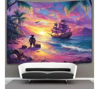 Pirate Holding A Sword on The Beach And Looking at The Boat Decorations Tapestry Treasure Chest Shells Starfish 3D Printing Wall Blanket Wall Hanging for Living Room Bedroom Dorm Decor 130cmx150cm