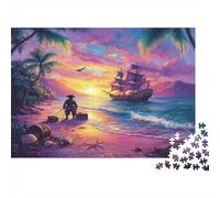 Pirate Holding A Sword on The Beach And Looking at The Boat Jigsaw Puzzles Treasure Chest Shells Starfish Challenge Toy Educational Games Home Decoration for Adults& Teenager Age 14 Years Up 1000pcs