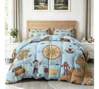 Pirate Map Compass Patterned Lightweight Coverless Duvet Set for All Seasons, Fantasy Nautical Washable Blue Brown Duvet with 2 Pillowcases, King Comforter Quilt for adults teenager, 200 X 220 cm