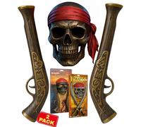 Pirate Mask & Pistol Set for Kids Fancy Dress Halloween Costume Skull Face with Red Bandana Toy Flintlock Pistols and Swords Black Gold Pirate Accessory for Themed Parties Ages 5+