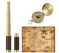Pirate Monocular Telescope Treasure Map Pocket Compass Party Accessory Set for Pirate Party, High Powered Collapsible Spyglass with Pirate Treasure Map Pocket Compass for Pirate Party Supplies