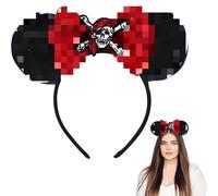 Pirate Mouse Ears Headband, Cute Halloween Headband with Red Skull and Crossbones Bow, Aesthetic Head Bands for Girls Sparkly Black Sequin Ears, for Trick or Cosplay, and Halloween Party