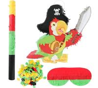 Pirate Parrot Piñata Paper Blindfold Confetti Parrot Piñata Tropical Bird Design Pinata with Stick for Luau Hawaii Summer Pirate Theme Birthday Party Decor