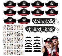 Pirate Party Costume Set with 10 Felt Pirate Hats, Eye Patches, 12 Adhesive Beards and 30 Pirate Stickers, Group Dress Up Accessories for Halloween, Birthday Parties and Events