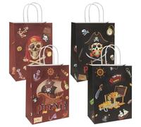 Pirate Party Favor Bag with Handles, 12Pcs Pirate Skull Treasure Pirate Ship Kraft Paper Gift Bags, Pirate Goodie Candy Snack Treat Paper Bags for Kids Girls Boys Birthday Party Supplies
