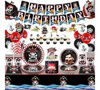 Pirate Party Supplies - Pirates Birthday Party Decorations Include Happy Birthday Banner, Cake Topper, Plates, Cups, Napkins, Tablecloth, Balloons for Halloween Kids Boys, Serve 20