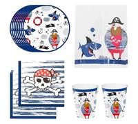 Pirate Party Tableware Set for 16 Guests, Pirate Theme Birthday Decorations Halloween Party Tableware Pirate Party Paper Plates Cups Napkins and Tablecloth