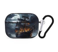 Pirate Sailboat Full Moon Airpod Pro Case Cover Wireless Earbuds Case Protective Cover with Keychain Compatible with AirPods 1st & 2nd Generation Full Protective, Front LED Visible Black