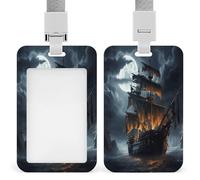 Pirate Sailboat Full Moon Badge Holders with Push-Pull Slot&Lanyard Waterproof Plastic Vertical Work ID Card Holder Portable Travel Document Protector Detachable Card Protector