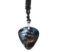 Pirate Sailboat Full Moon Guitar Pick Necklace Exquisite Titanium Steel Personalized Necklaces Cool Pendant Necklaces Fashion Guitar Pick Holder Necklace Unique Gifts for Adult