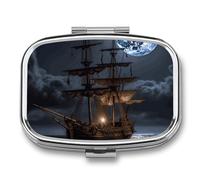Pirate Sailboat Full Moon Pill Box,Portable Travel Pill Organizer,Retro Durable 2 Compartment Pill Case for Vitamins, Medication, Fish Oil and Supplements