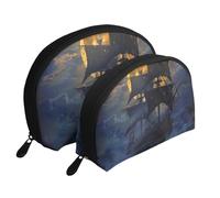 Pirate Sailboat Full Moon Print Small Purses 2Pcs Portable Coin Purse Makeup Bag Soft Vacation Pouch Change Holder Wallet with Zipper Portable for Shopping Travel Party Cosmetic Bag