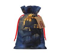 Pirate Sailboat Full Moon Printed Christmas Drawstring Gift Bags-Xmas Wrapping Bags,Candy Bag,For Holiday Party Decorations,Wedding Party Supplies M Red Ribbon