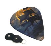 Pirate sailboat full moon Printed Guitar Picks, 6 Pack with Leather Keychain Pick Holder - 0.46mm, 0.71mm, 0.96mm Assorted Thickness for Acoustic Ukulele, Electric Guitar, Acoustic Guitar, Bass
