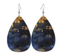 Pirate Sailboat Full Moon Printed Leather Earring For Women,Teardrop Dangle Earrings For Women Friends Valentine Birthday Party Christmas Gifts
