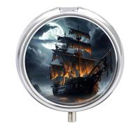 Pirate Sailboat Full Moon Round Pill Box 3 Compartment Medicine Pill Organizer with Mirror Travel Small Pill Case Cute Vitamin Organizer Portable Daily Pill Container for Pocket Purse