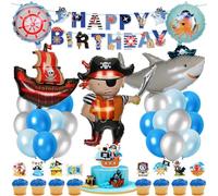 Pirate Sea Animals Birthday Decoration Set, Pirate Ship Shark Foil Balloon, Birthday Banner, Round Animal Balloon, Blue Silver Balloon Cake Topper, for Children's Party Birthday Decoration