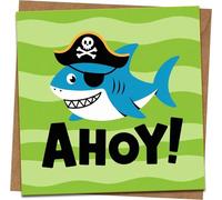 Pirate Shark “AHOY!” Greeting Card, 145mm x 145mm Square, Kids Birthday/Nautical Theme, Blank Inside, Includes Kraft Envelope
