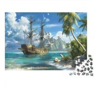 Pirate Ship 1000 Piece Jigsaw Puzzle Paper for Adults Tropical Beach Jigsaw Puzzle for Family Relaxation Focus 38x26cm/1000pcs