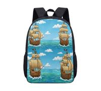 Pirate Ship Adventure 17 Inch Backpack for Kids Cartoon Treasure Map Skull Print School Bag Vintage Nautical Quest Voyage (03)