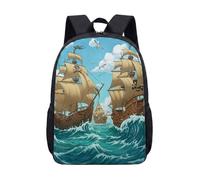 Pirate Ship Adventure 17 Inch Backpack for Kids Cartoon Treasure Map Skull Print School Bag Vintage Nautical Quest Voyage (06)