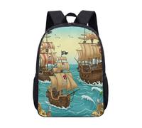 Pirate Ship Adventure 17 Inch Backpack for Kids Cartoon Treasure Map Skull Print School Bag Vintage Nautical Quest Voyage (05)