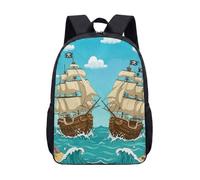 Pirate Ship Adventure 17 Inch Backpack for Kids Cartoon Treasure Map Skull Print School Bag Vintage Nautical Quest Voyage (04)