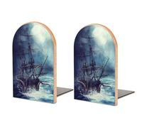 Pirate Ship and Octopus Non-Skid Bookends for Shelves Elegant Desktop Bookshelf Organizer for Heavy Books 1 Pair Wood Book Holders