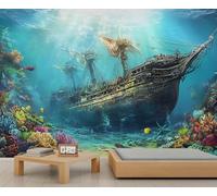 Pirate Ship Backdrop Wallpaper Underwater Fish Tank Shipwrecks Custom Wallpaper Aquarium Background Wall Murals Sunken Ship Aquarium Decor Bedroom Mural for Living Room Kids Room 150X105cm