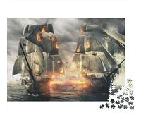 Pirate Ship Battle 1000 Piece Men Women Adults Puzzle Fiery Battle of Ancient Ghost Pirate Ships Premium Sturdy Vibrant Challenging Stress Relief 38x26cm/1000pcs