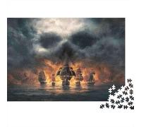 Pirate Ship Battle 1000 Piece Puzzle for Adults Pirate Fleet Beneath Ominous Skull Cloud Sky Premium Sturdy Challenging Stress Relief 52x38cm/1000pcs