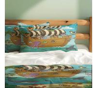 Pirate Ship Bedding Set Single Double King, Cartoon Animal Duvet Cover, Ocean Theme, Treasure Island Bedding 3 Piece, Nautical Decor for Bedroom (Print 1,King + 50x75cm x2)