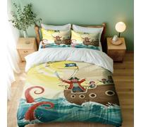 Pirate Ship Bedding Set Single Double King, Cartoon Animal Duvet Cover, Ocean Theme, Treasure Island Bedding 3 Piece, Nautical Decor for Bedroom (Print 3,King + 50x75cm x2)