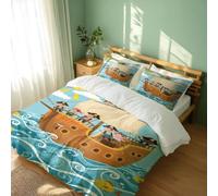 Pirate Ship Bedding Set Single Double King, Cartoon Animal Duvet Cover, Ocean Theme, Treasure Island Bedding 3 Piece, Nautical Decor for Bedroom (Print 5,Single + 50x75cm x2)