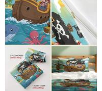 Pirate Ship Bedding Set Single Double King, Cartoon Animal Duvet Cover, Ocean Theme, Treasure Island Bedding 3 Piece, Nautical Decor for Bedroom (Print 4,King + 50x75cm x2)