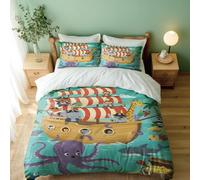 Pirate Ship Bedding Set Single Double King, Cartoon Animal Duvet Cover, Ocean Theme, Treasure Island Bedding 3 Piece, Nautical Decor for Bedroom (Print 2,Single + 50x75cm x2)