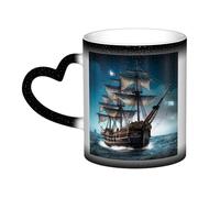 Pirate Ship Coffee Mug with Handle 11 Oz, Color Changing Cups In The Sky, Heat Sensitive Magic Funny Art Mug, Unique Coffee Tea Cup Porcelain Mugs Gift for Women Men Black