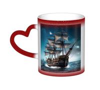 Pirate Ship Coffee Mug with Handle 11 Oz, Color Changing Cups In The Sky, Heat Sensitive Magic Funny Art Mug, Unique Coffee Tea Cup Porcelain Mugs Gift for Women Men Red