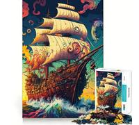 Pirate Ship Colorful Jigsaw Puzzle 1000 Piece for Adults Smart Reason Toy Home Pastime Smooth Edge Art Collectible (38x26cm)