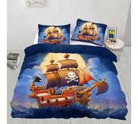 Pirate Ship Duvet Cover King 240x220 cm Quilt Covers with 2 Pillowcases, Sailboat Skull Flag Print Bedding Set, Suitable For Both Adults And Young People Duvet Cover with Zipper Ties