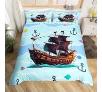 Pirate Ship Duvet Cover Queen Size Anchor Printed Comforter Cover with 2 Pillowcase for Teens Adults Kids Cute Fish Bedding Set Nautical Theme Breathable 3 Pieces Decorative Bed Cover(No Comforter)