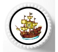 Pirate Ship Edible Cake Topper - Jolly Roger Themed Birthday Decoration - 7 Inch Round Disc (PRECUT)